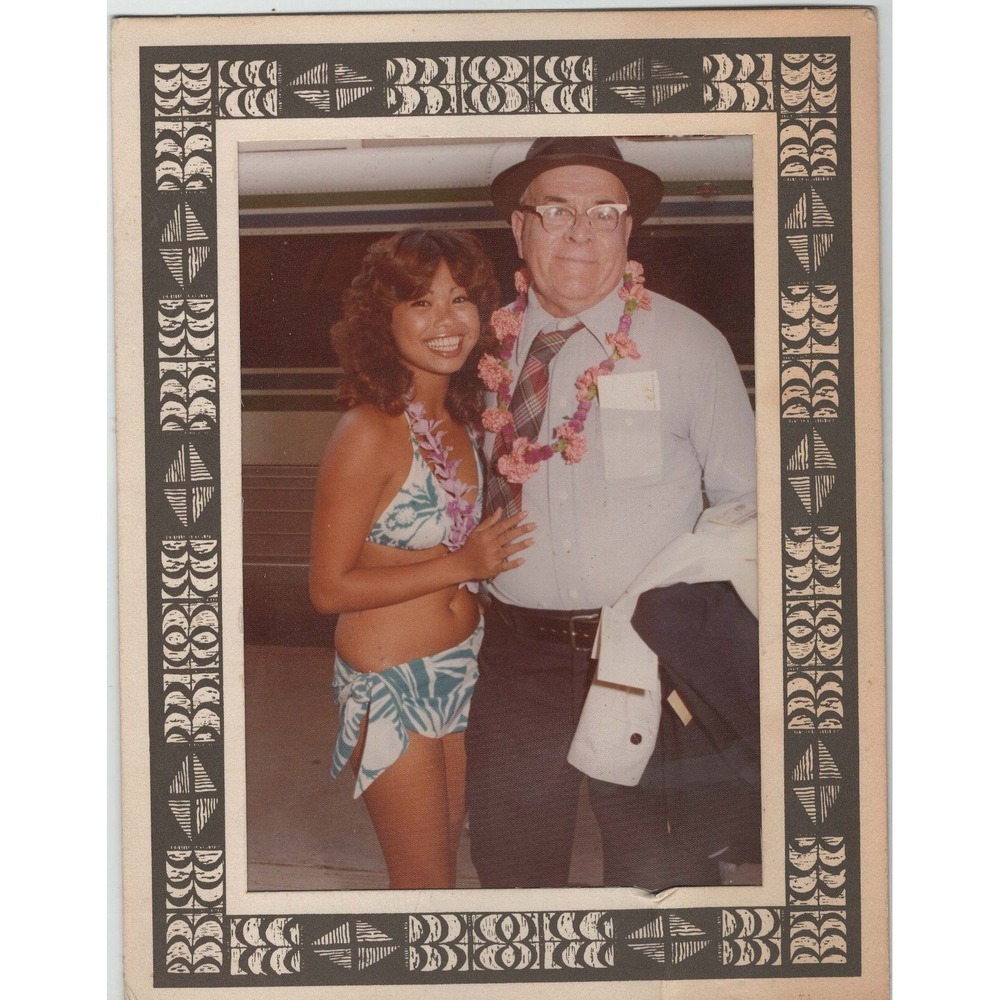 Vintage 1970s Hawaii Airport Greeting Photo Lei Bikini Woman & Man Aloha